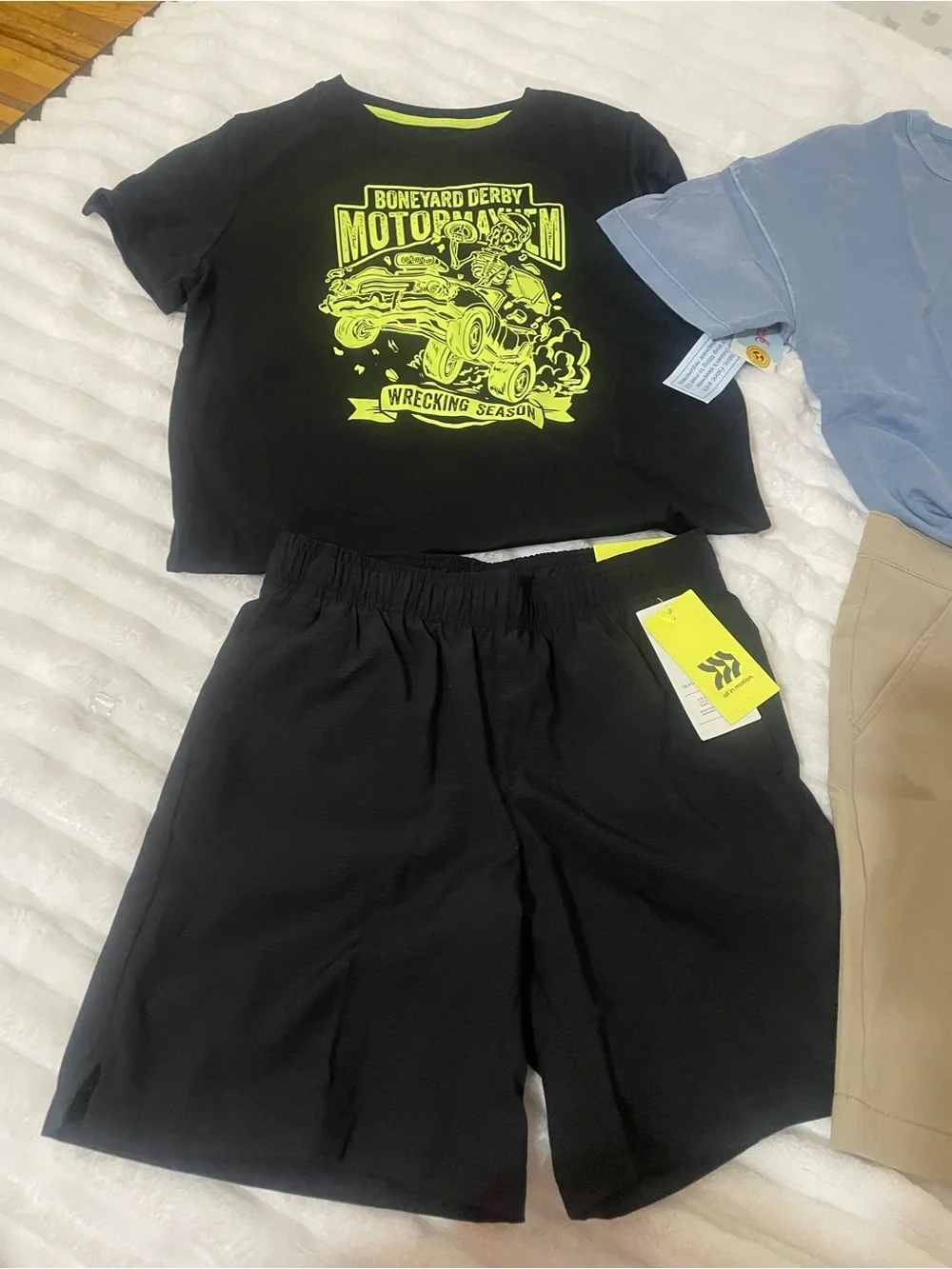 Set of Kids Tops & Shorts - Black Graphic Tee, Blue Tee, Black & Khaki Shorts